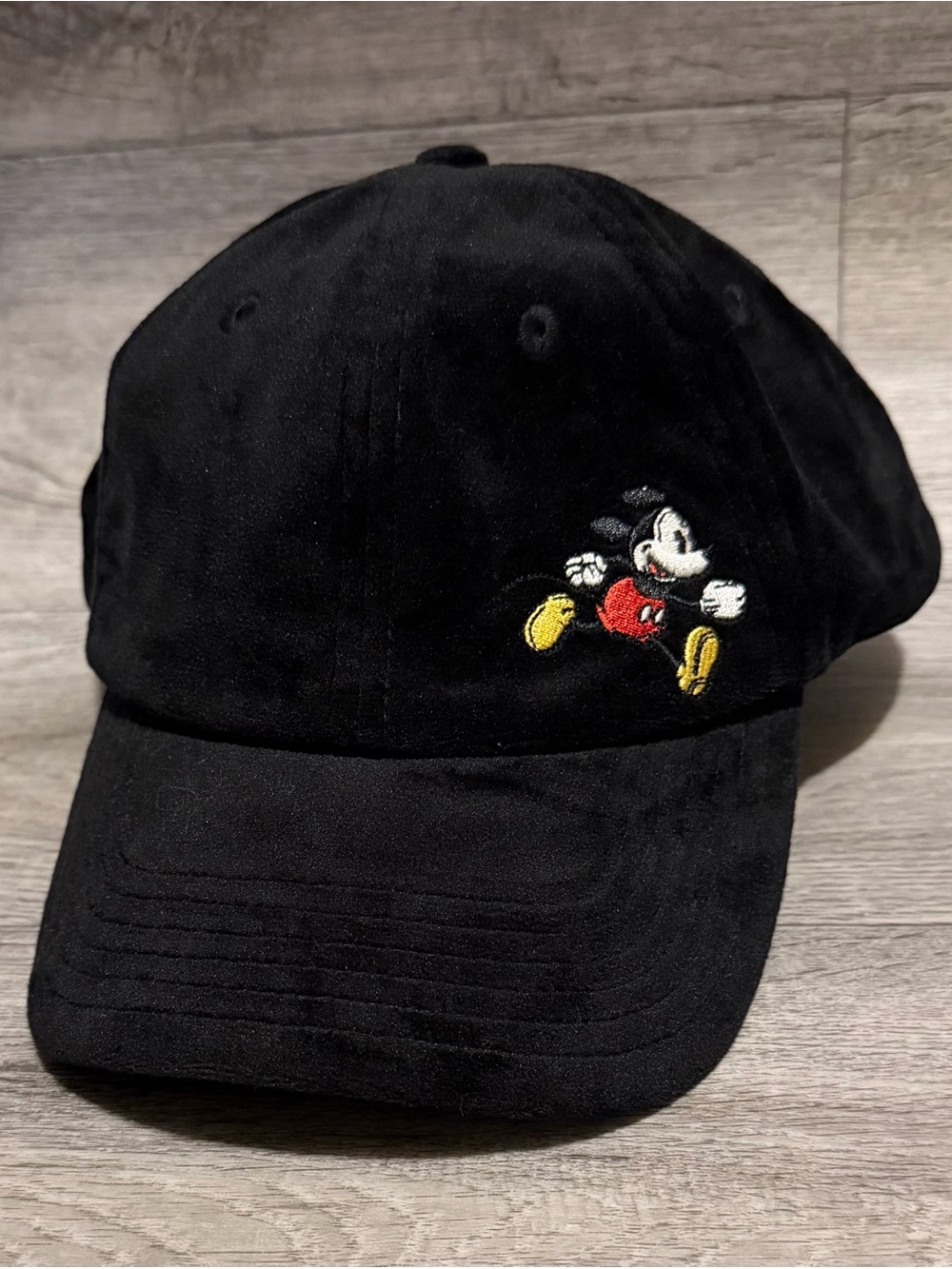 Disney Parks Adult Embroidered Mickey Mouse Black Faux Velvet Baseball Cap Hat